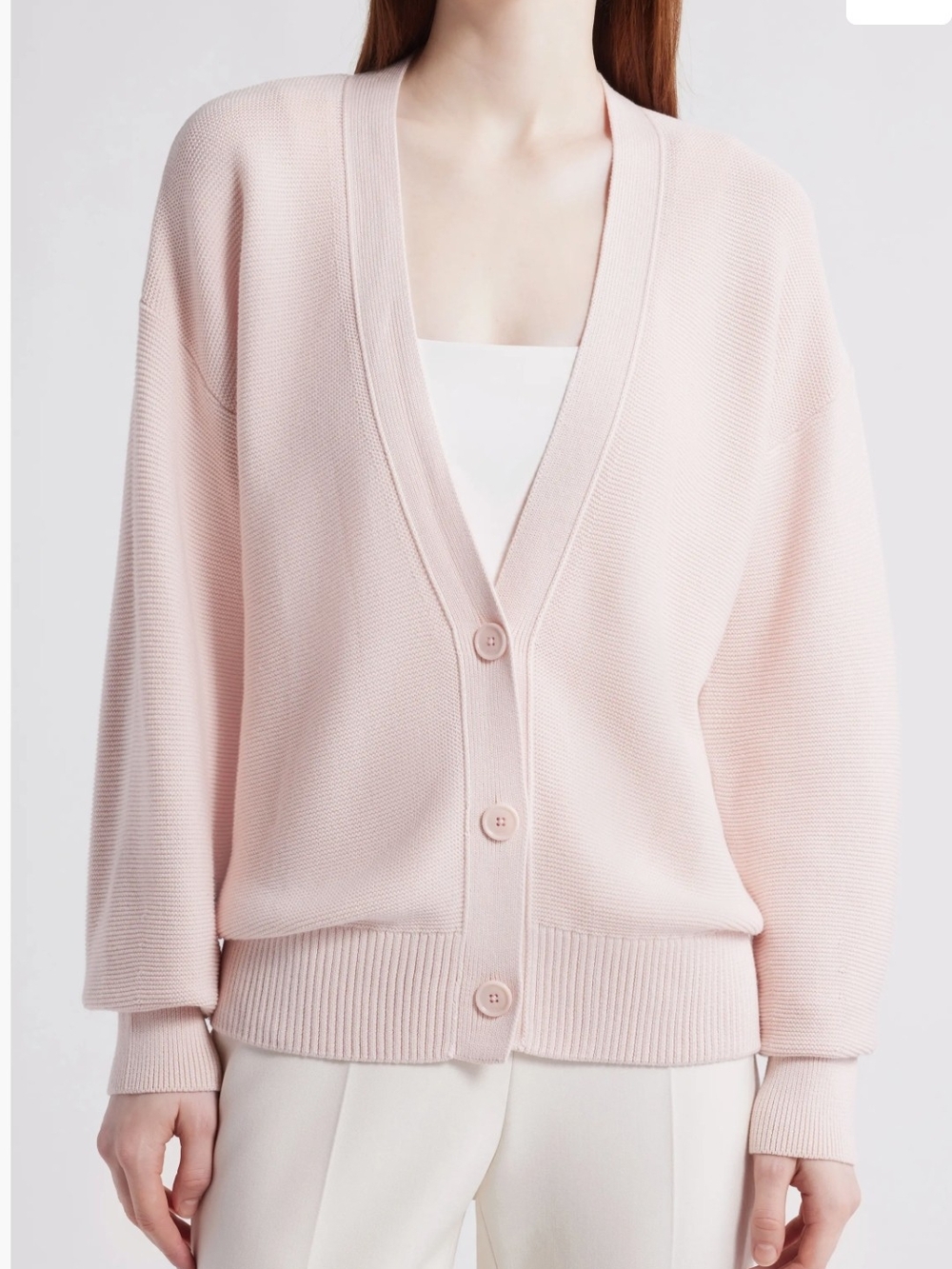 Boss Soft Pink Women's V-Neck Button Cotton Fantinore Cardigan Sweater M